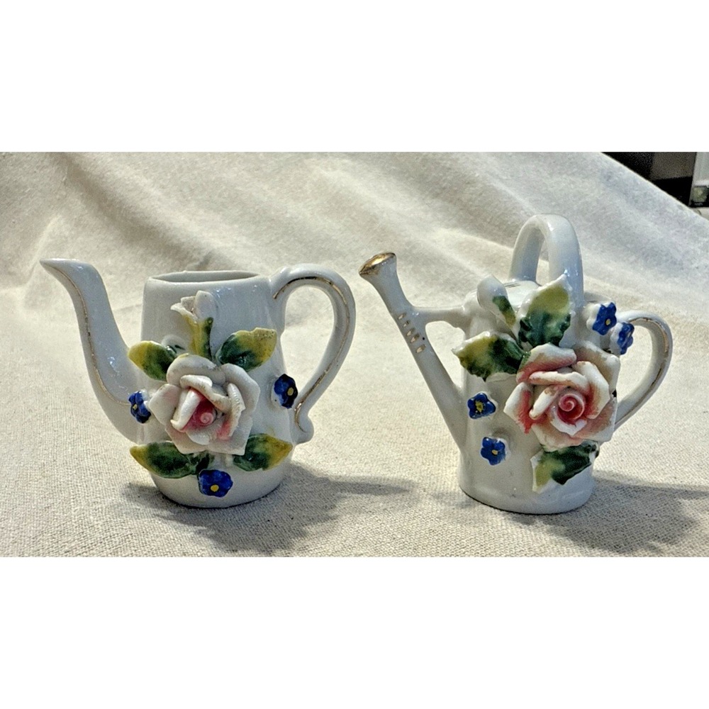 Vintage Miniature White Pitcher And‎ Watering Can with Figural Flower Japan
